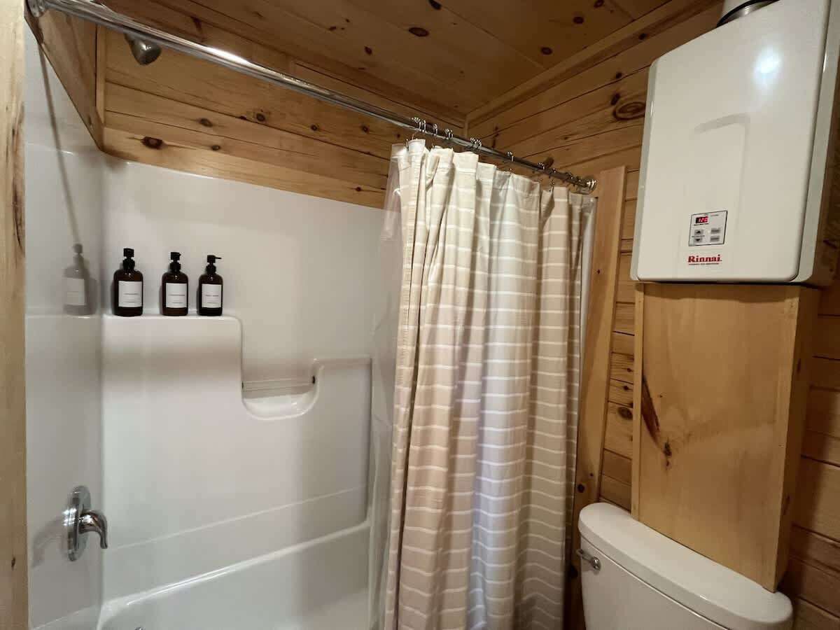 Shower, hair dryer, shampoo