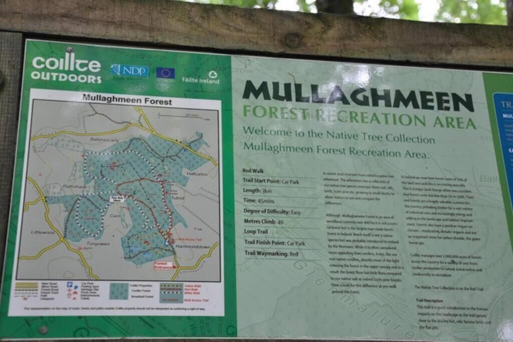 A signboard for Mullaghmeen Forest Recreation Area with a map and trail information.