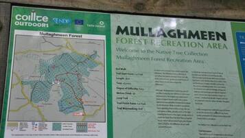 A signboard for Mullaghmeen Forest Recreation Area with a map and trail information.