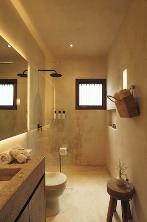 Shower, hair dryer, towels