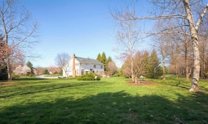 A house with a lawn, trees, and a clear sky.
