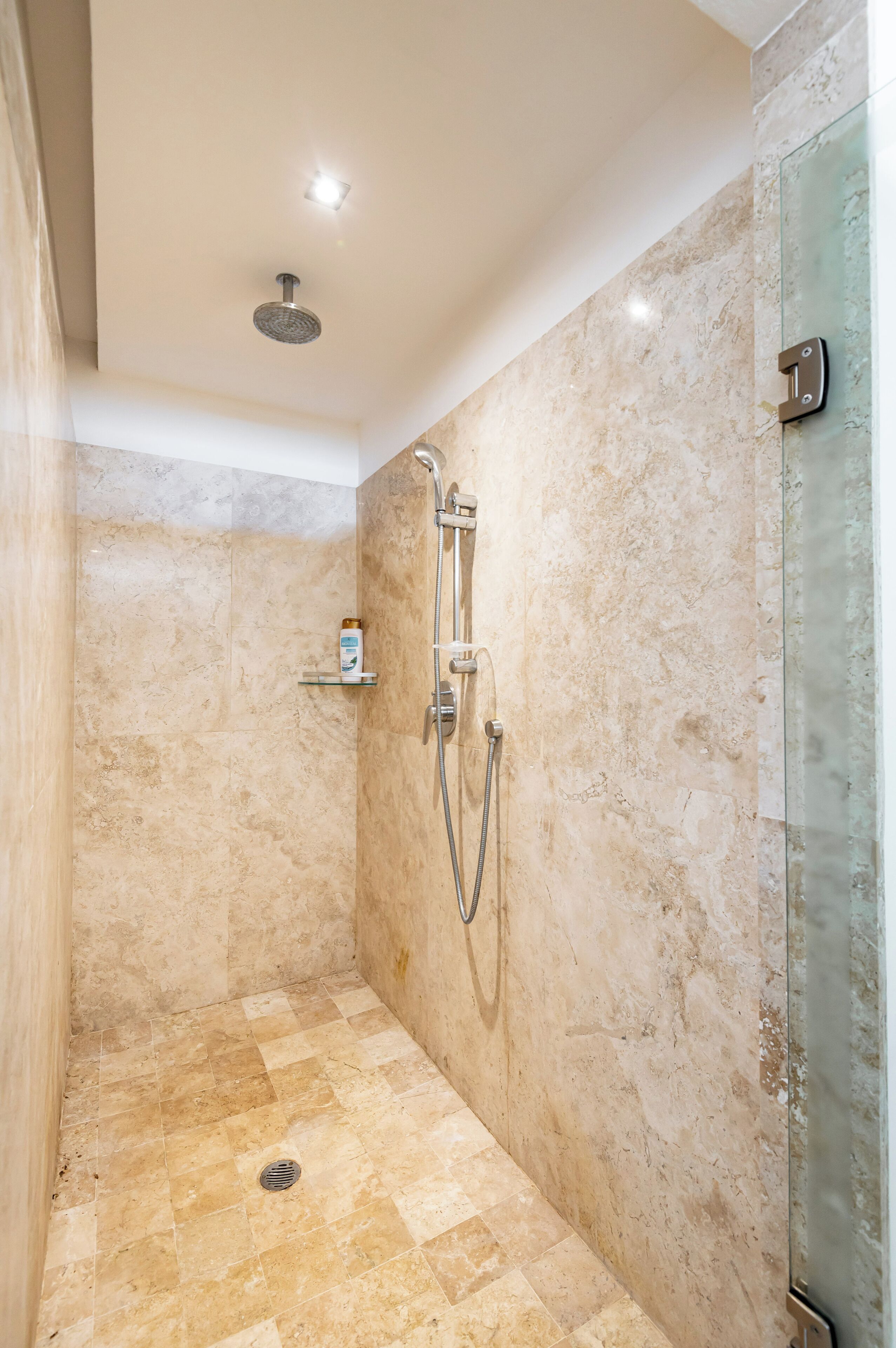 A walk-in shower with a glass door, a handheld showerhead, and a wall-mounted faucet.