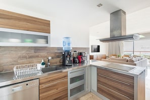 Exclusive Penthouse, Sea View | Private kitchen | Full-size fridge, oven, stovetop, dishwasher