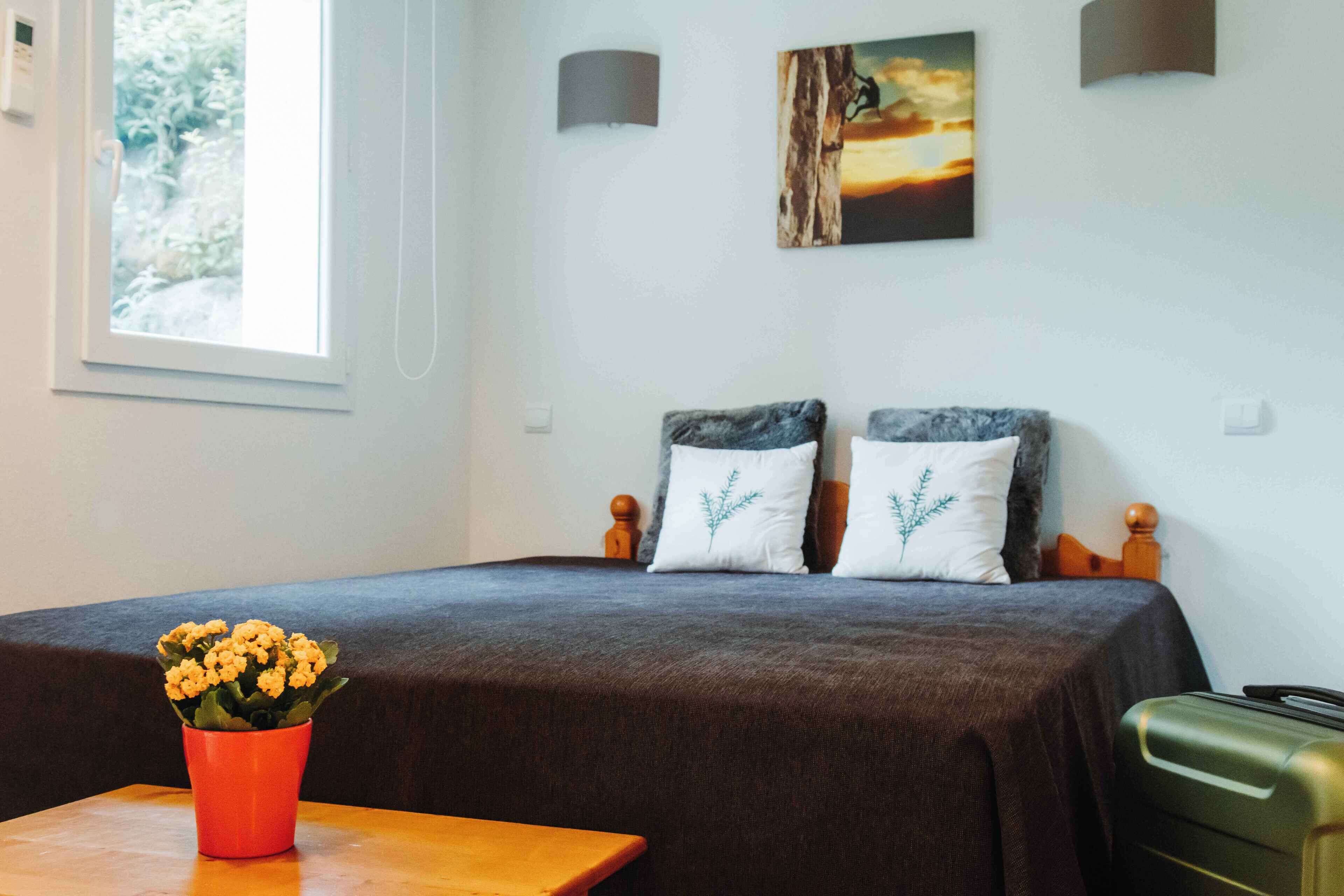 Een hotelkamer met een bed, een tafeltje met een bloevas, een raam en een schilderij aan de muur.