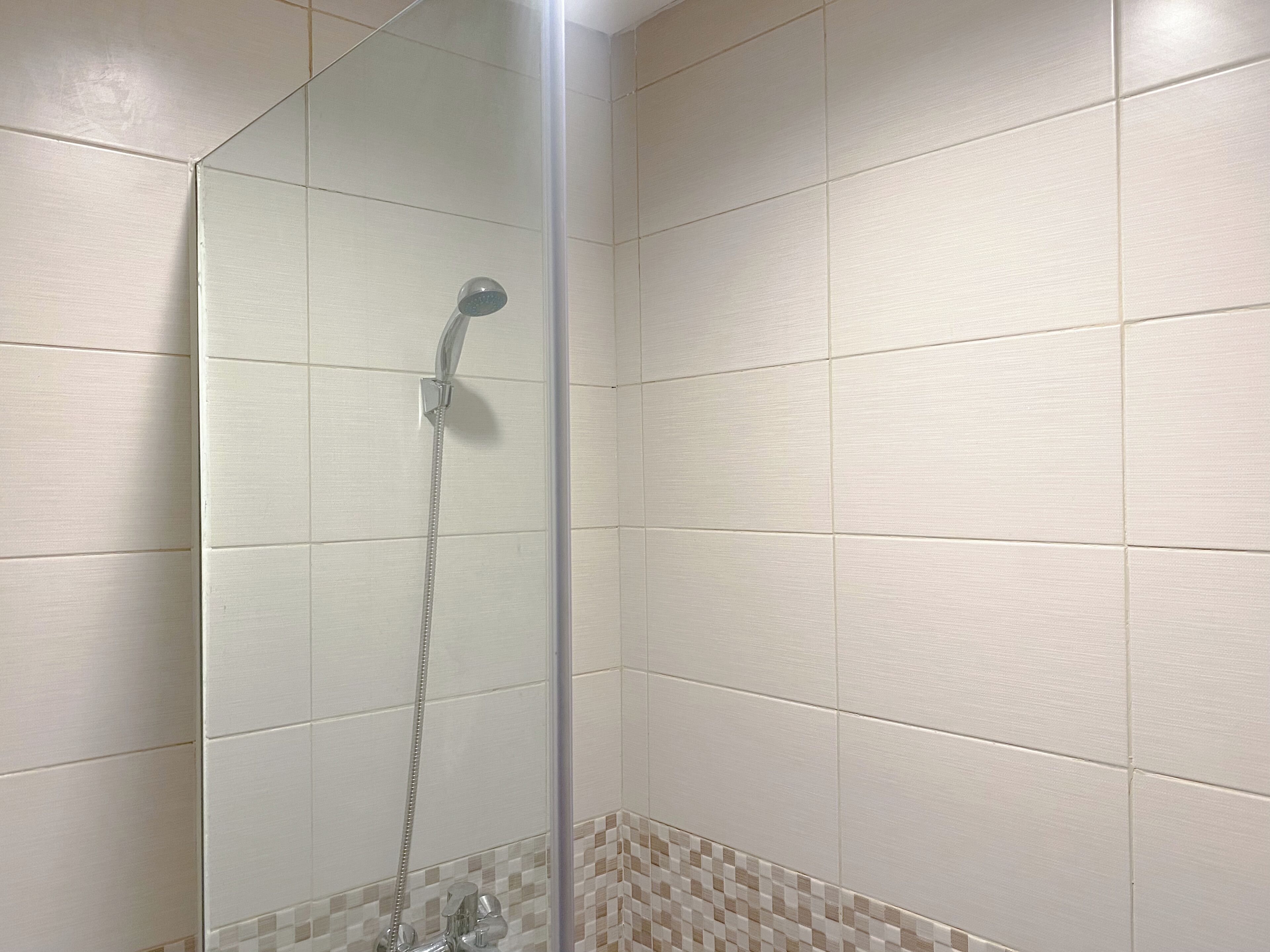 A glass-enclosed shower with a handheld showerhead and a wall-mounted faucet.