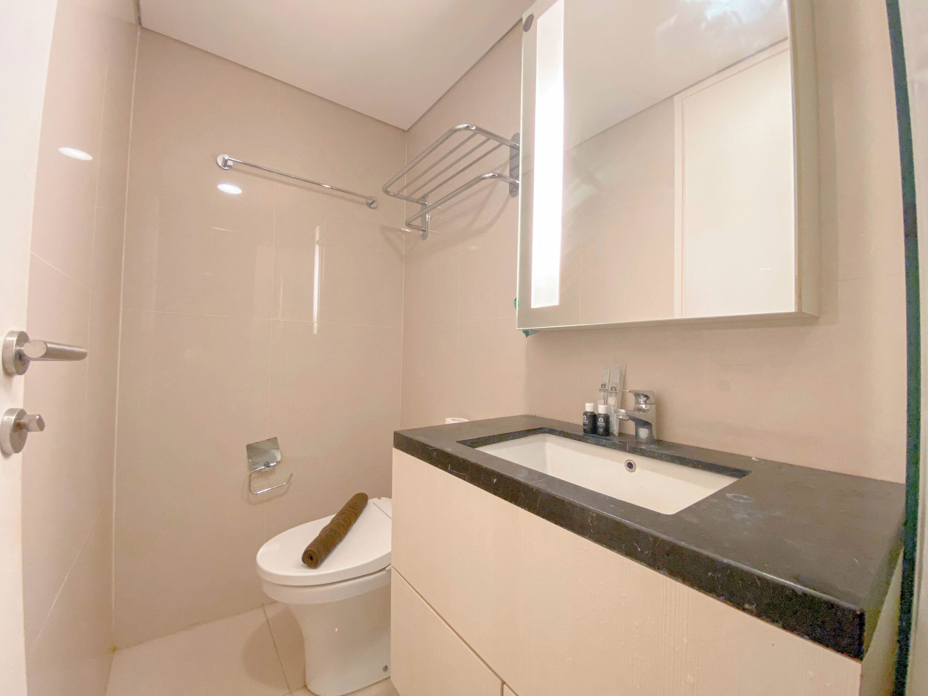 A bathroom with a white toilet, a sink with a black countertop, and a mirror above the sink.