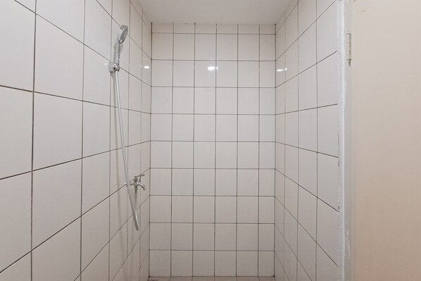 Une cabine de douche carrelée, équipée d’un pommeau de douche à main et d’un robinet mural.