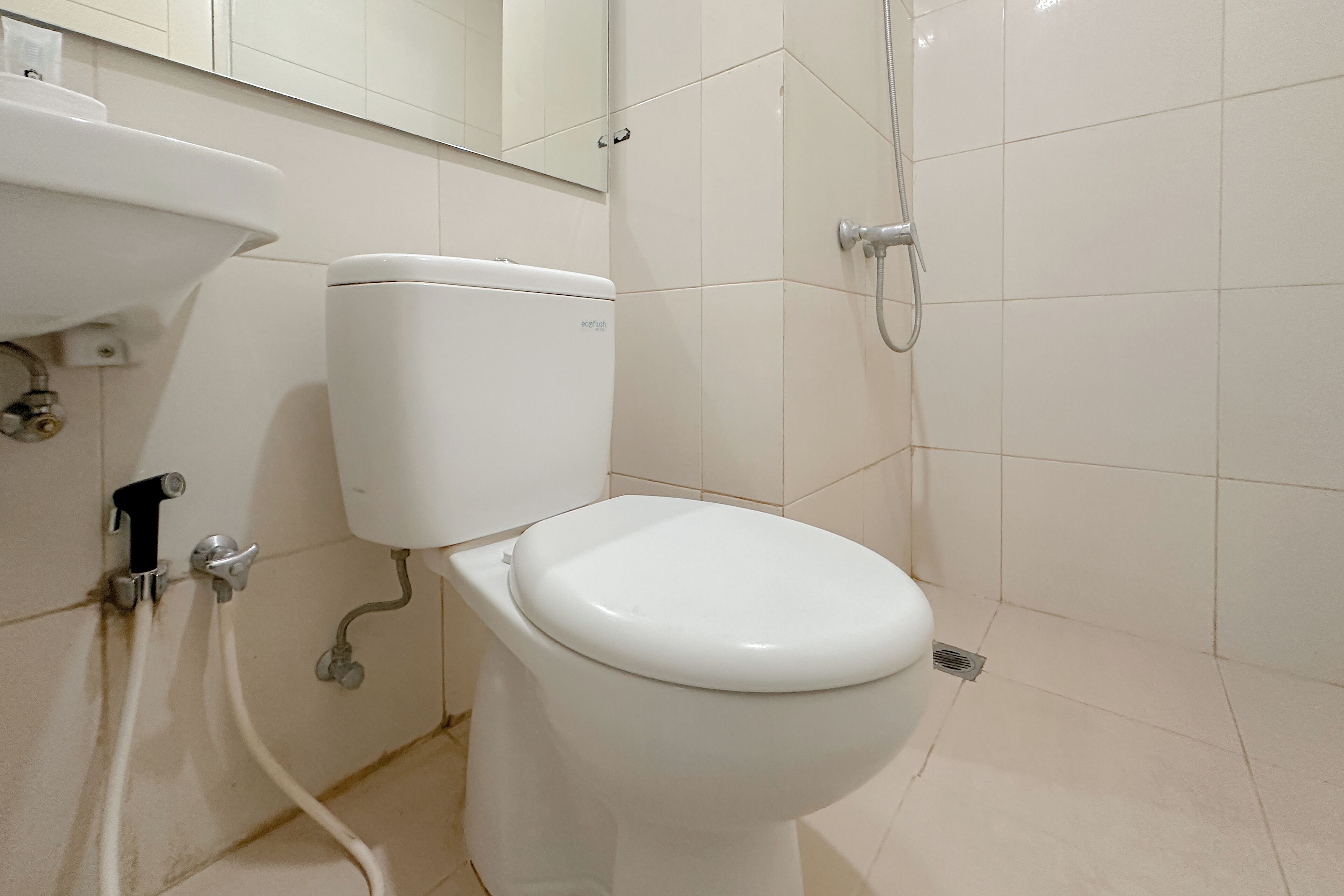 A white toilet with a tank, a sink, and a shower head.