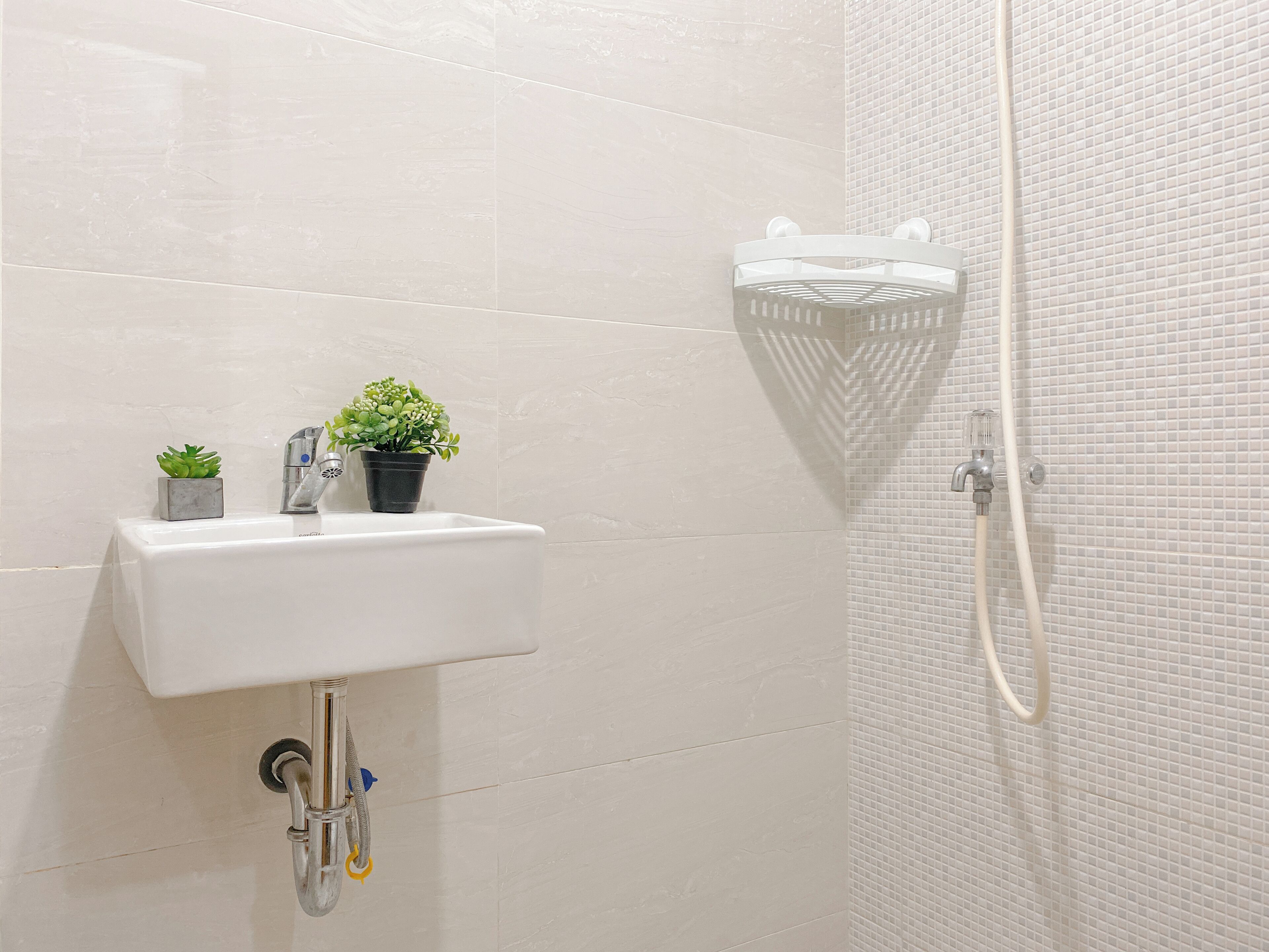 Une salle de bain avec un lavabo blanc, deux plantes en pot, une douche avec un pommeau de douche amovible et un mur carrelé.