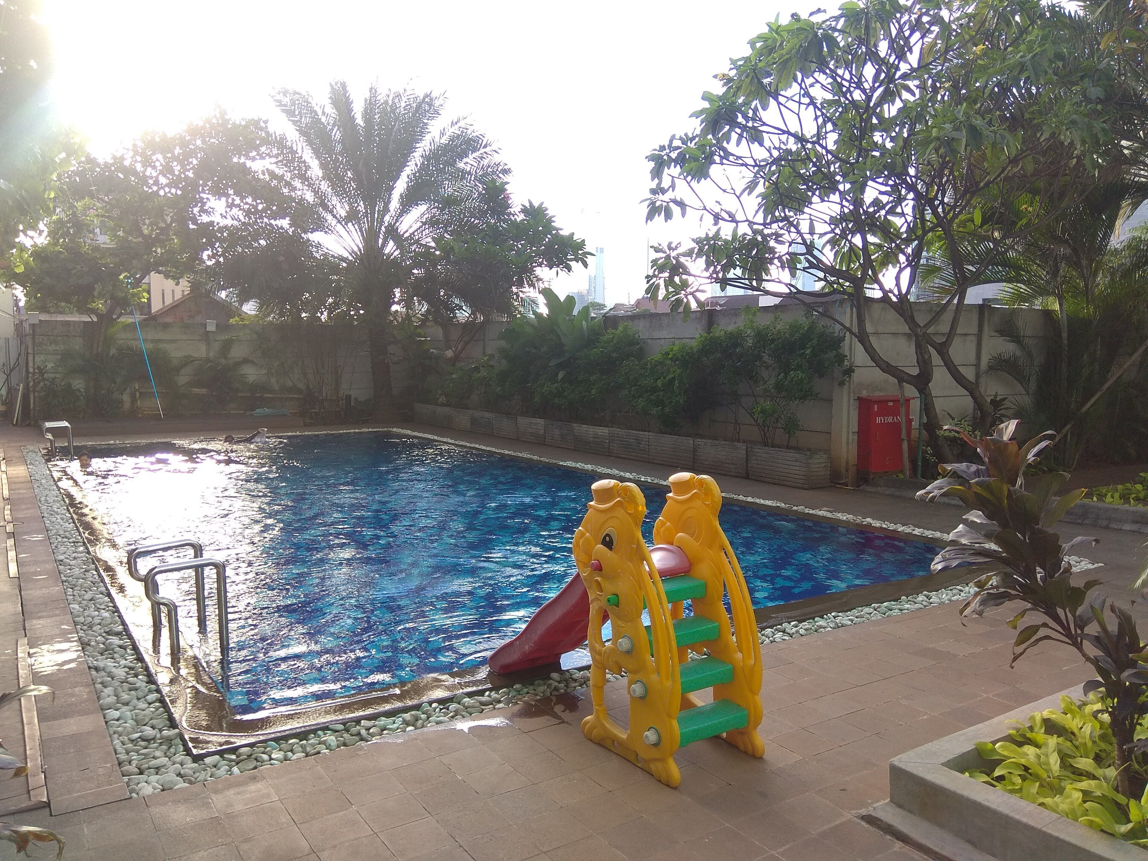 A swimming pool with a slide and a small ladder.