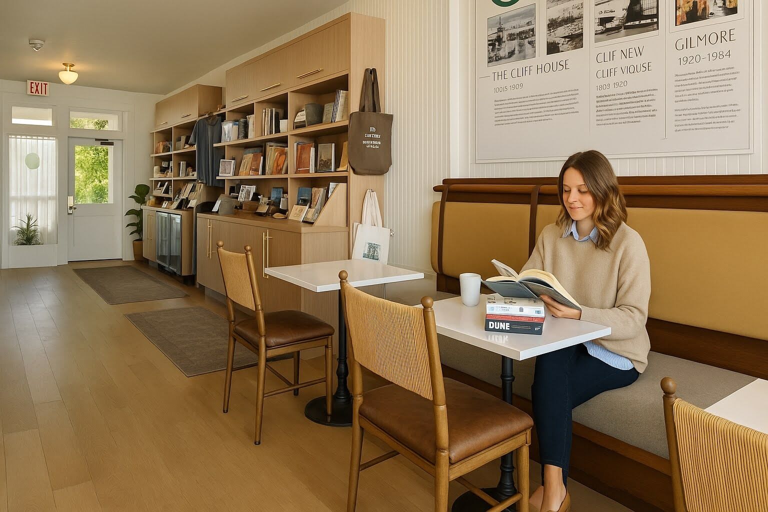 Una biblioteca amb prestatgeries de fusta, una banca per llegir i una taula amb llibres i una tassa de cafè.