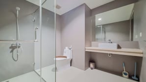 A modern bathroom with a glass shower enclosure, a toilet, a sink, and a mirror.
