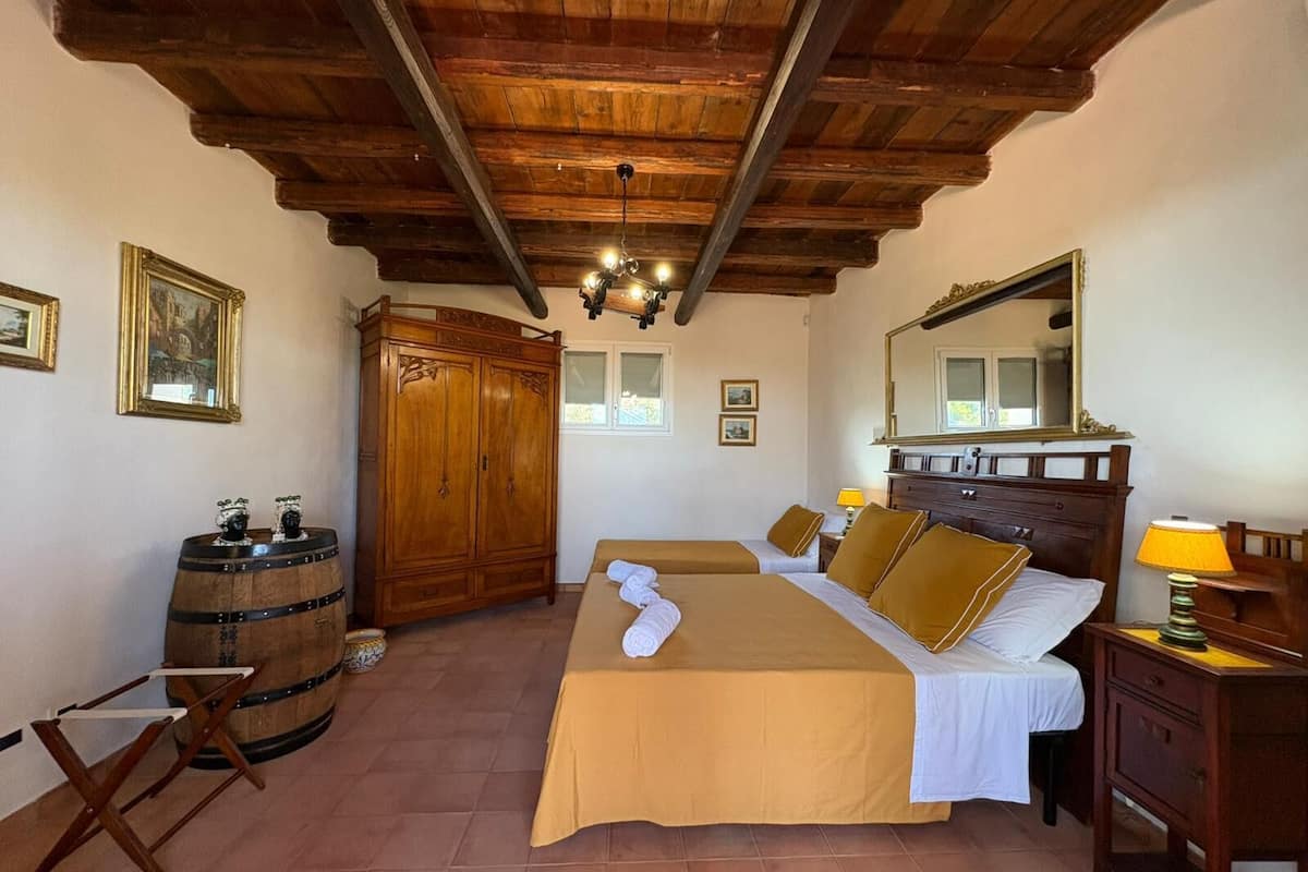 A bedroom with two beds, wooden furniture, a large mirror, and a ceiling fan.