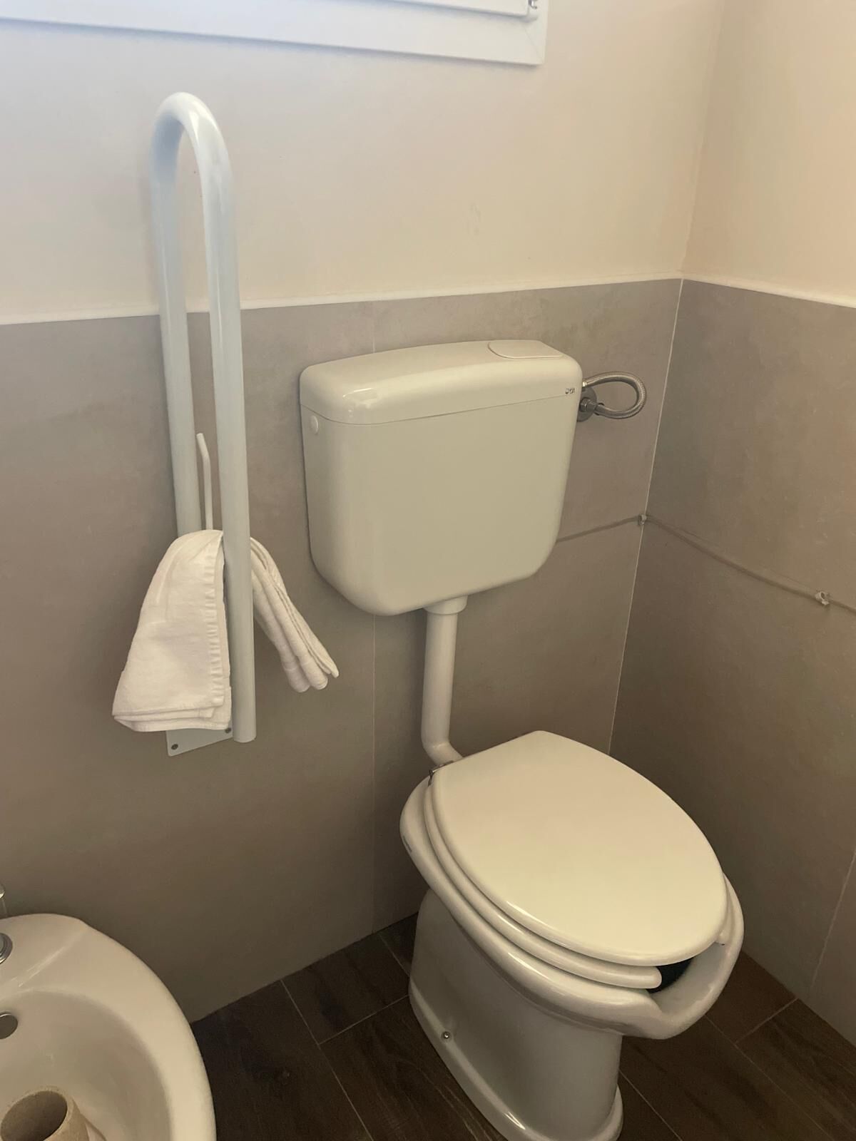 A bathroom with a toilet, a bidet, and a towel rack.