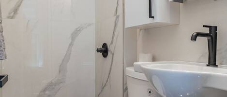 Shower, hair dryer, towels, soap