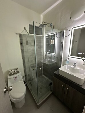 Secadora de cabello, toallas, papel de baño 