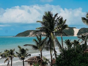 Vista de una playa con palmeras, cielo despejado y una cascada distante.