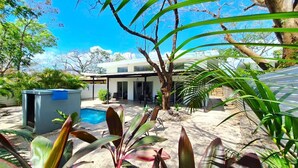 A modern house with a pool, surrounded by tropical plants and trees.