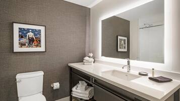 A modern bathroom with a white sink, large mirror, and a framed picture on the wall.