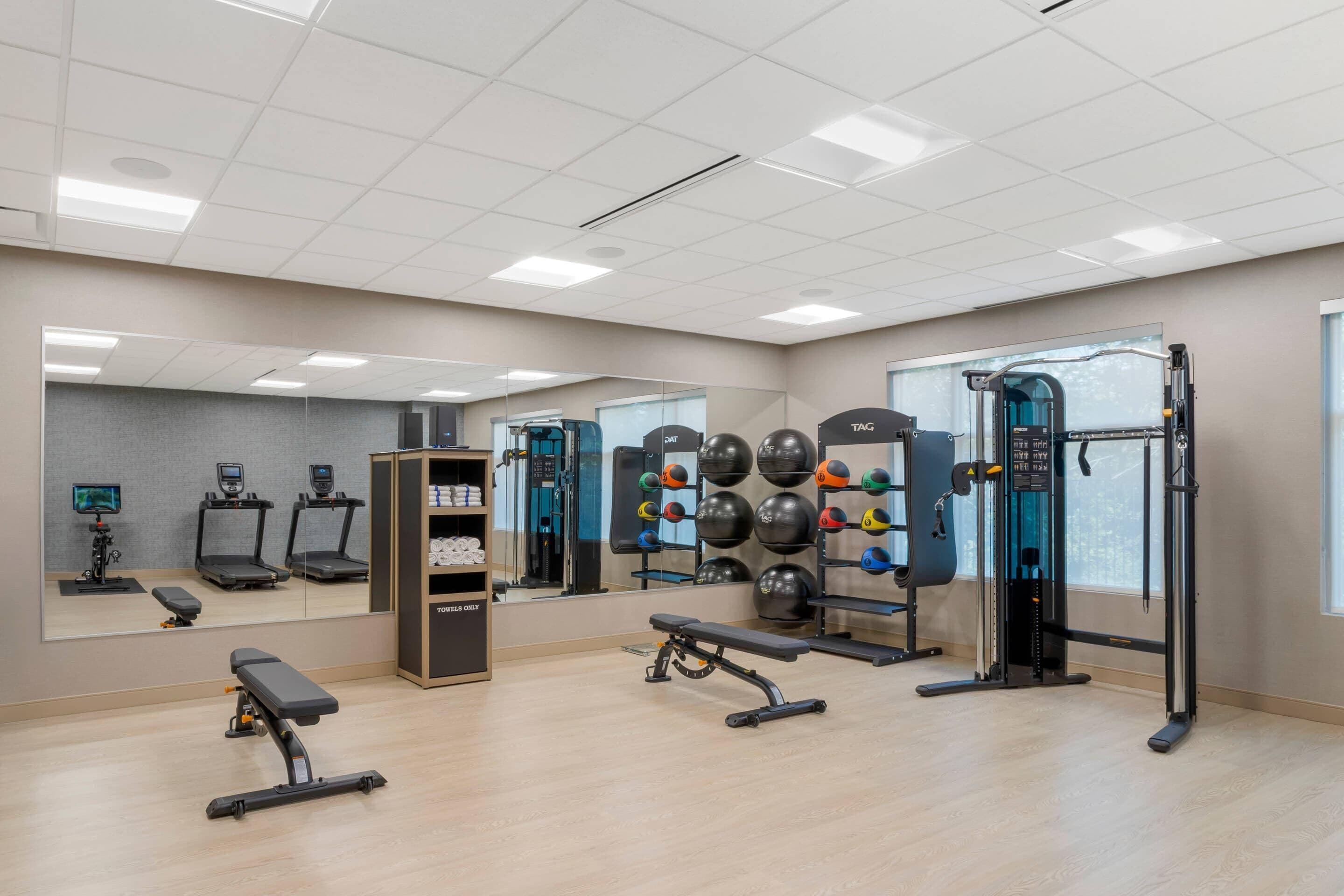 A gym with treadmills, a squat rack, and a bench.