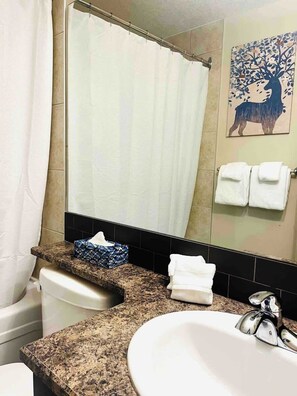 Shower, eco-friendly toiletries, hair dryer, towels