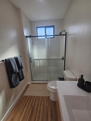 Hair dryer, towels, soap, toilet paper