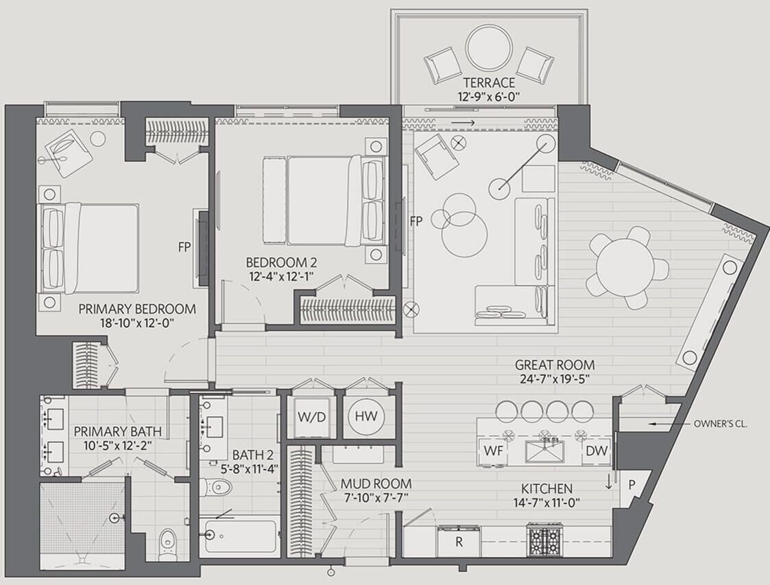 A floor plan of a hotel with a primary bedroom, secondary bedroom, terrace, great room, primary bathroom, secondary bathroom, mud room, kitchen, and owner's suite.