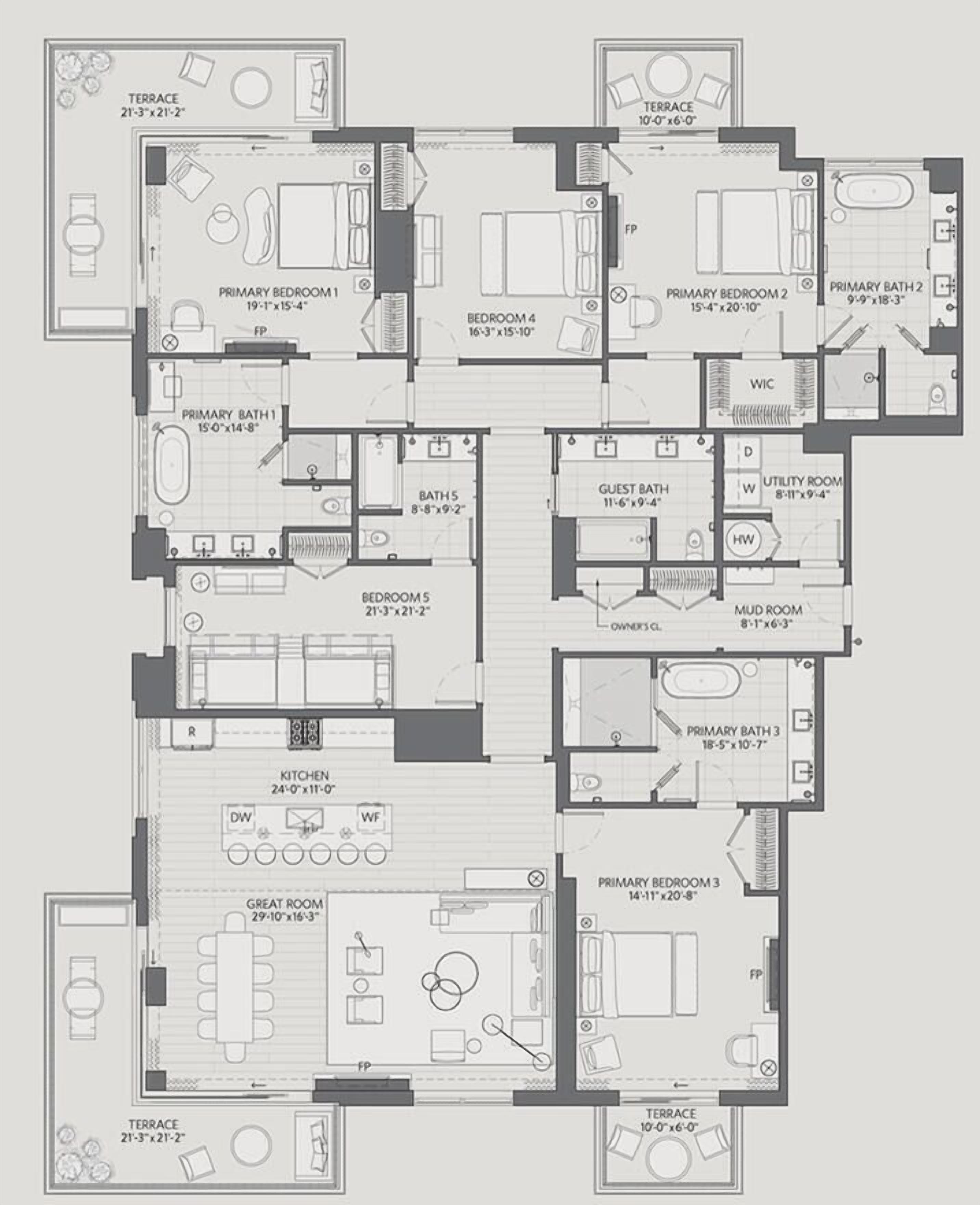 Un plan d’étage d’hôtel comprenant plusieurs chambres, des salles de bain, une cuisine et une terrasse.
