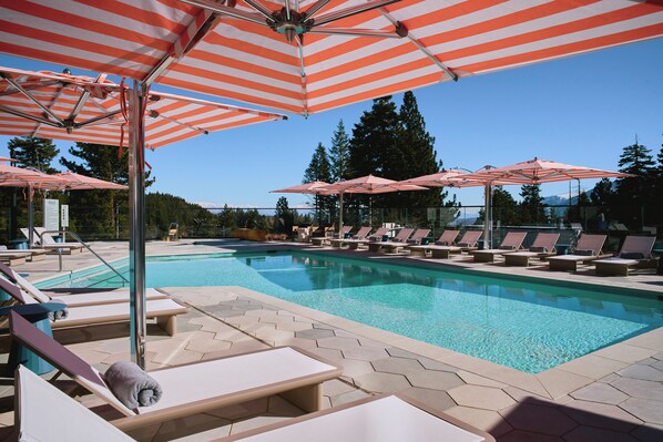 Una piscina al aire libre, sillones reclinables de piscina