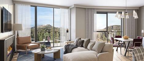 A modern living room with a sofa, coffee table, and dining area, large windows with curtains, and a fireplace.