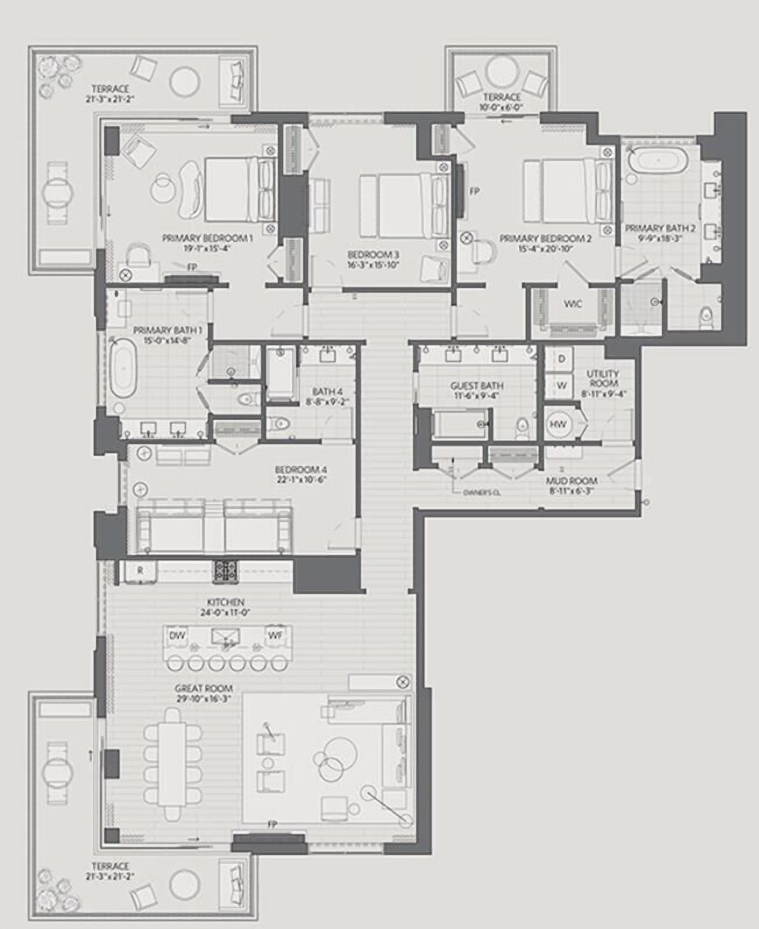 Een plattegrond van een hotel met meerdere slaapkamers, badkamers, een keuken en een ruime woonkamer.