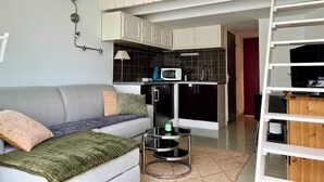 A compact living space with a sofa, a small kitchen area, and a loft bedroom with a bunk bed.