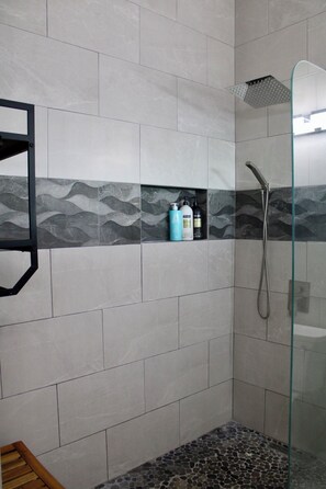 Hair dryer, towels, soap, toilet paper