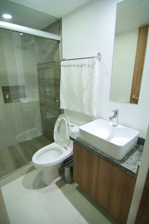 Hair dryer, towels, soap, toilet paper