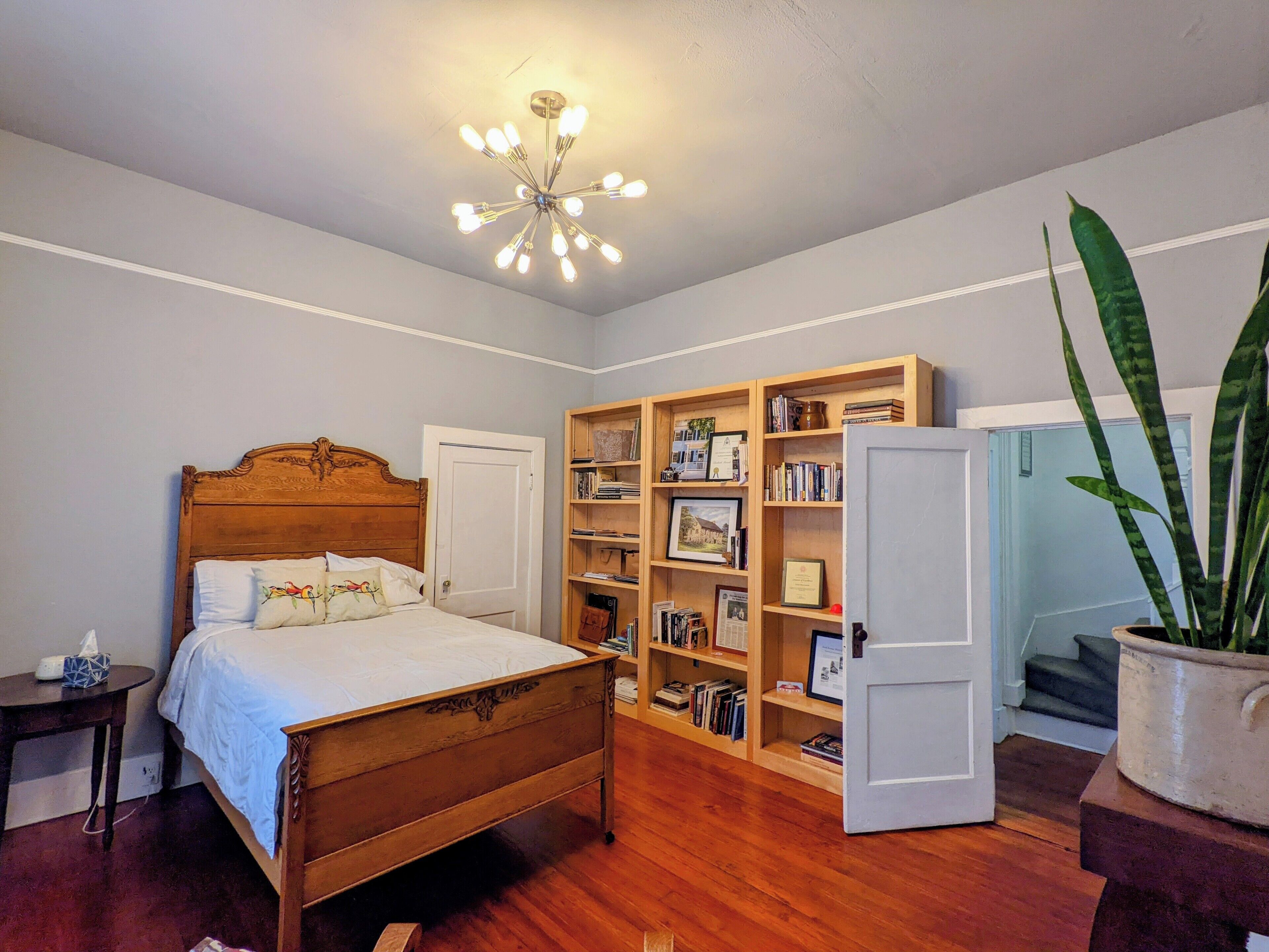 Une chambre à coucher avec un lit en bois, une bibliothèque et un luminaire fixé au plafond.