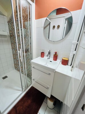 Douche, sèche-cheveux, serviettes fournies, papier toilette