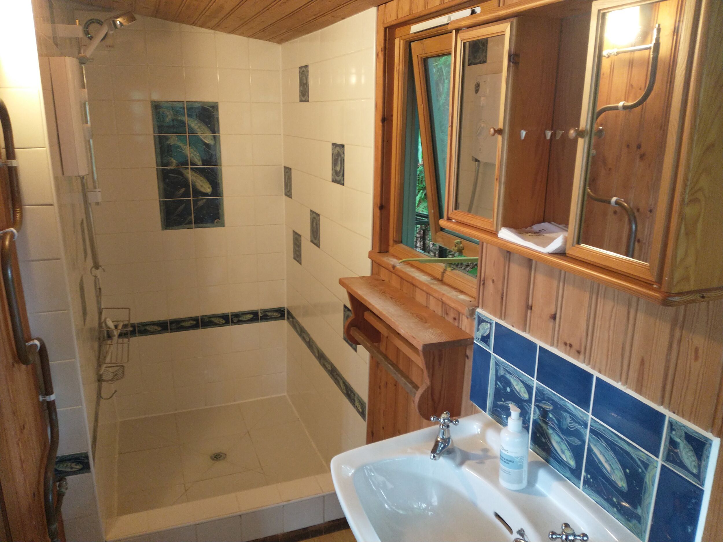 Une salle de bain avec une douche, un lavabo et des meubles en bois.