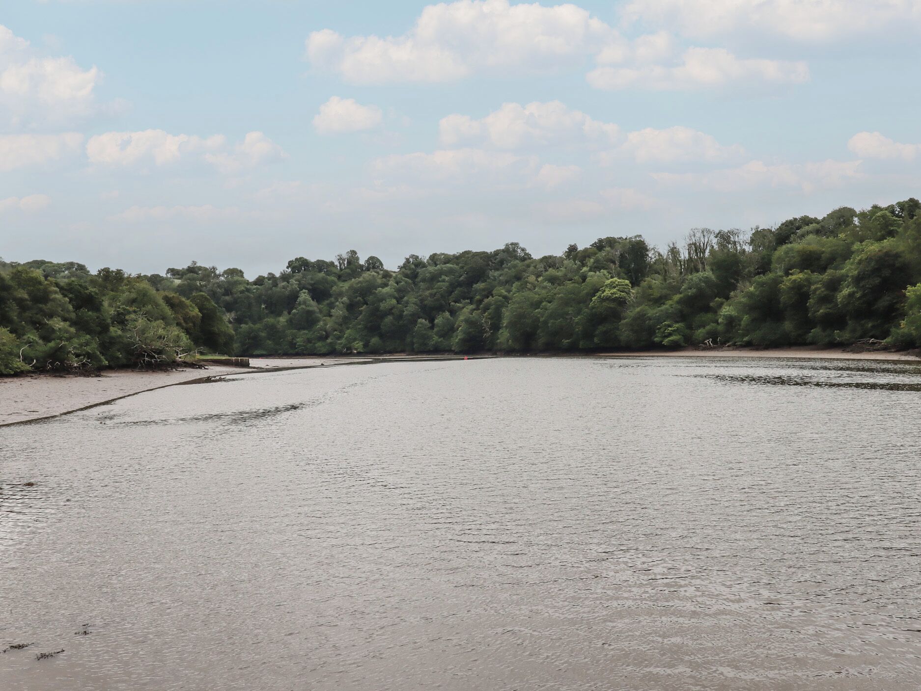 Une large rivière aux rives sablonneuses, bordée d’une végétation luxuriante sur l’autre rive.
