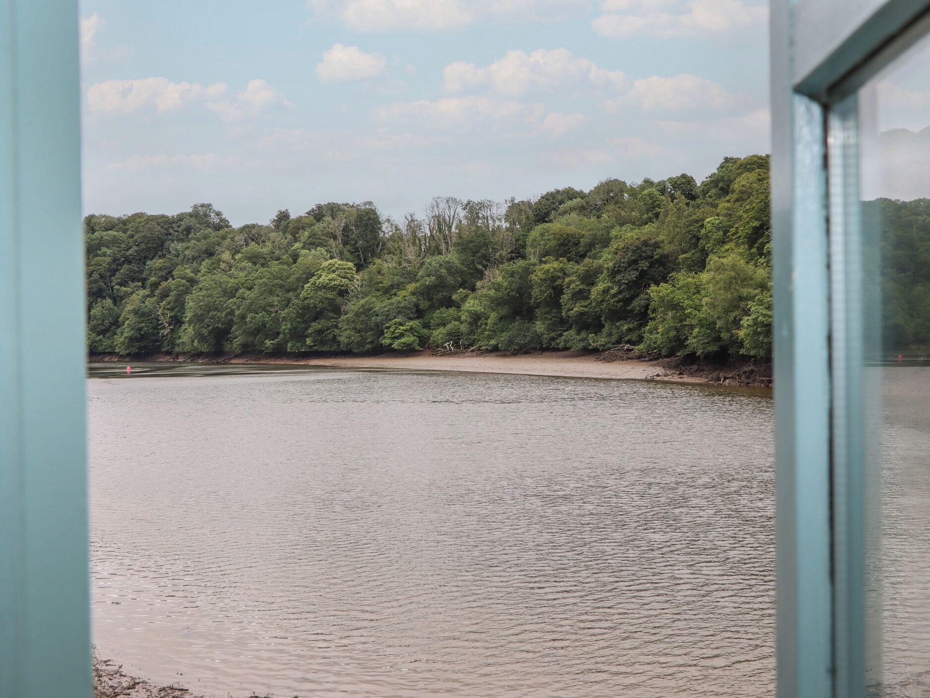 A view of a river with dense forest on the opposite bank.