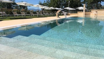 Seasonal outdoor pool, open 10:00 AM to 7:00 PM, pool umbrellas