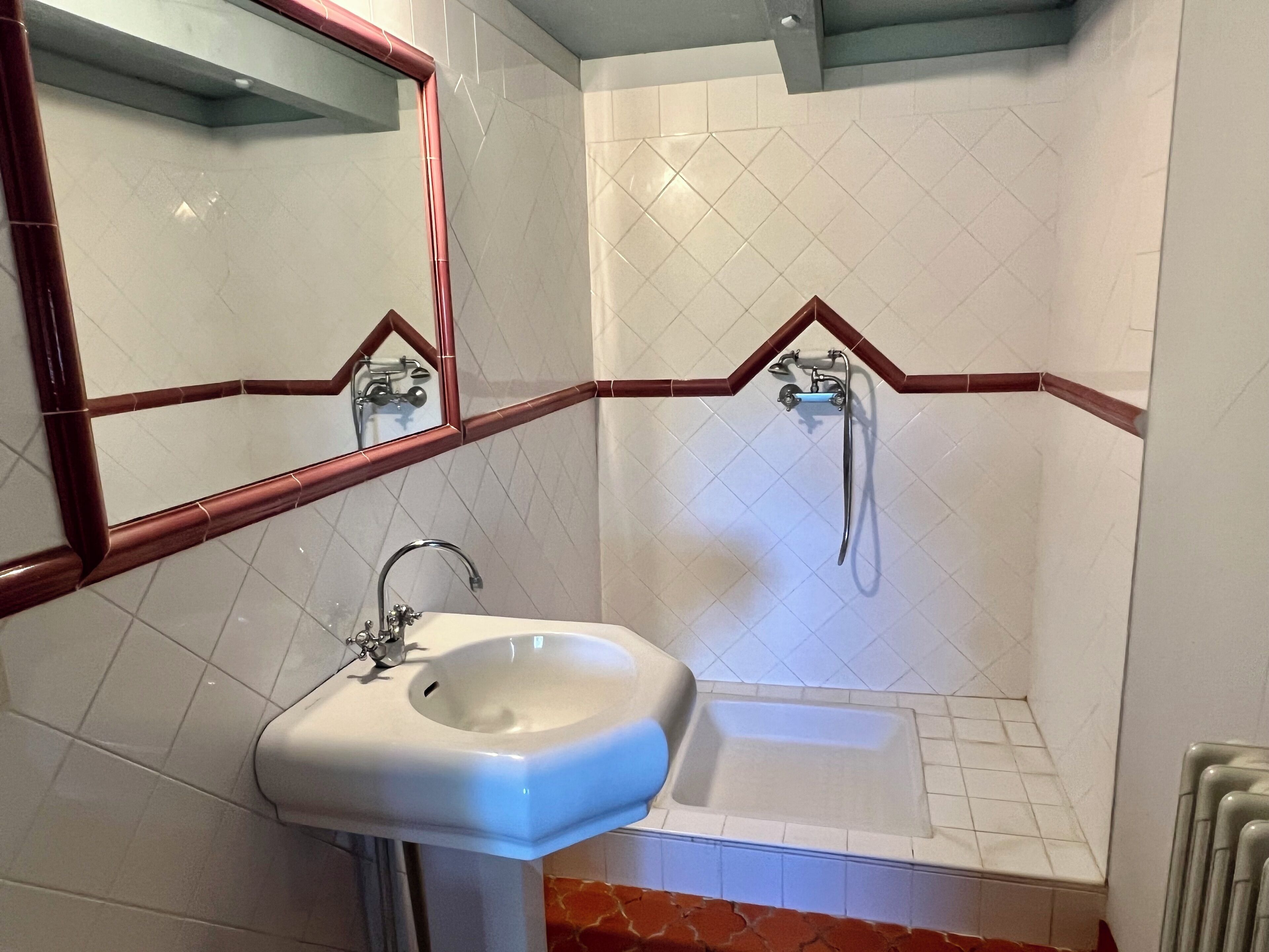 Ein Badezimmer mit Waschbecken, Spiegel und Duschbereich.