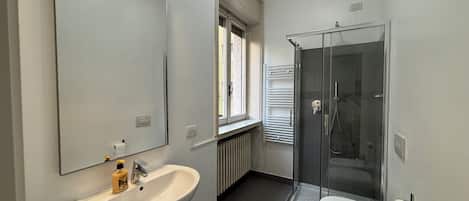 Shower, hair dryer, bidet, towels