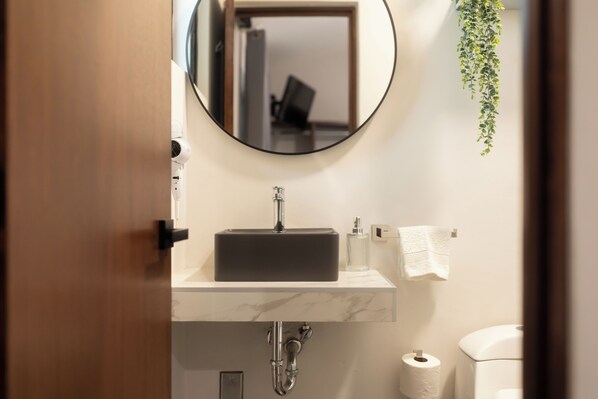 A bathroom with a round mirror, a black sink, a marble countertop, a hanging plant, a toilet, and a roll of toilet paper. - Elegant and comfortable house in Colonia Reforma, just 5 min from downtown Oaxaca. (Oaxaca de Juárez)