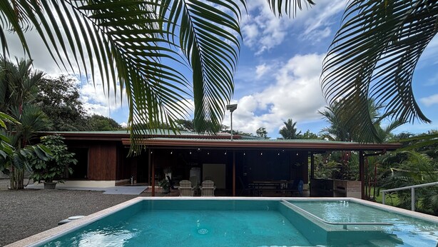 Une piscine dotée d’un patio couvert, entourée de palmiers et bordée d’un bâtiment surmonté d’un toit végétalisé.