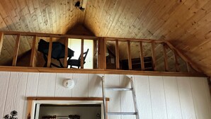 A loft bedroom with a wooden ceiling, a loft bed, and a ladder.