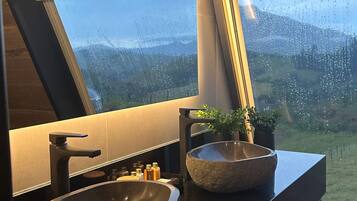 Un baño moderno con un ventanal grande, un lavamanos de piedra y una planta en maceta.