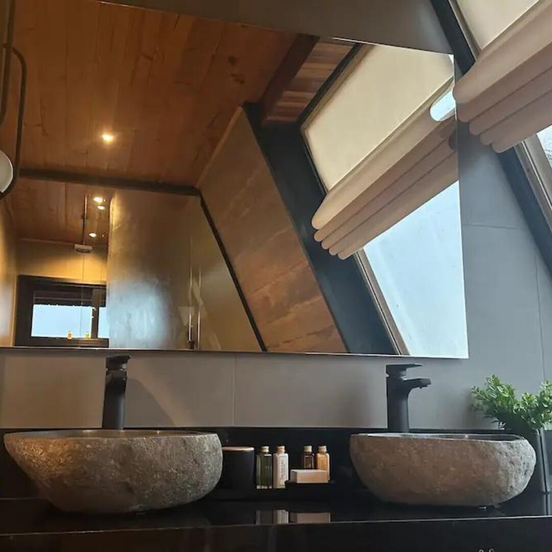 Een moderne badkamer met een grote spiegel, twee wasbakken van steen en een potplant.