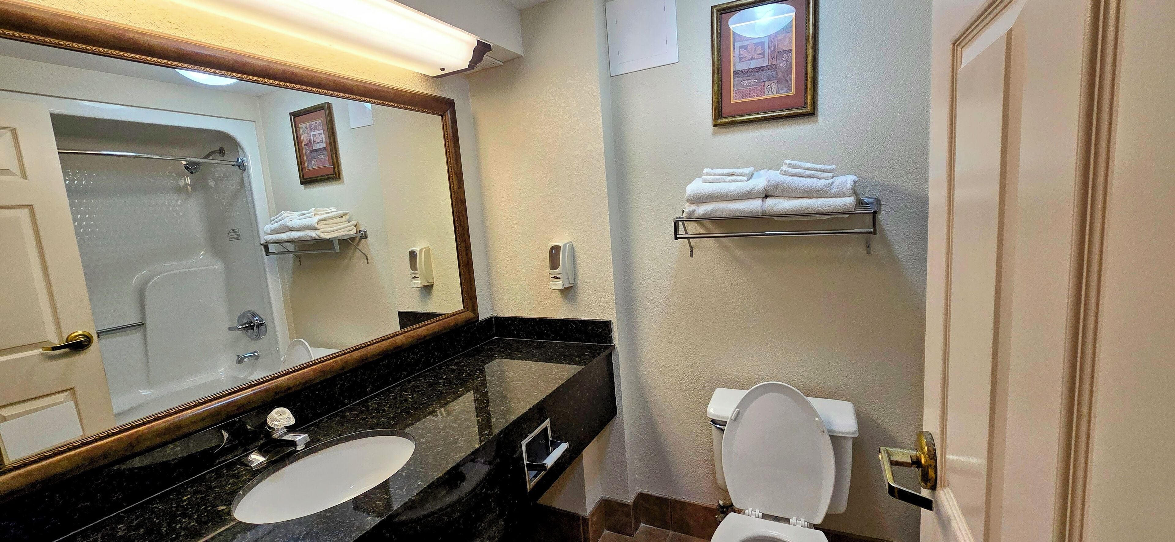 A bathroom with a sink, mirror, toilet, and towel rack.