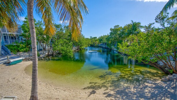A beach with clear water, palm trees, and lounge chairs.