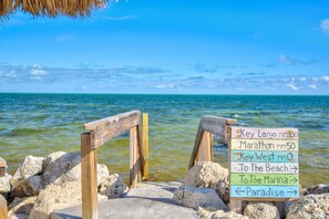 A wooden signboard with directional arrows pointing to various locations such as 'Key Largo', 'Marathon', 'Key West', 'To The Beach', 'To The Marina', and 'Paradise'.